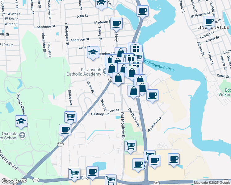 map of restaurants, bars, coffee shops, grocery stores, and more near 1365 Old Moultrie Road in St. Augustine