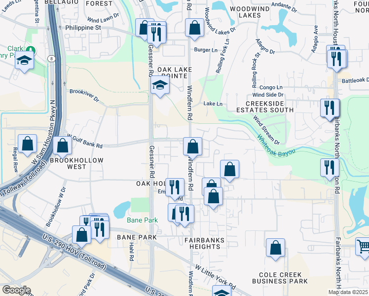 map of restaurants, bars, coffee shops, grocery stores, and more near 9303 West Gulf Bank Road in Houston