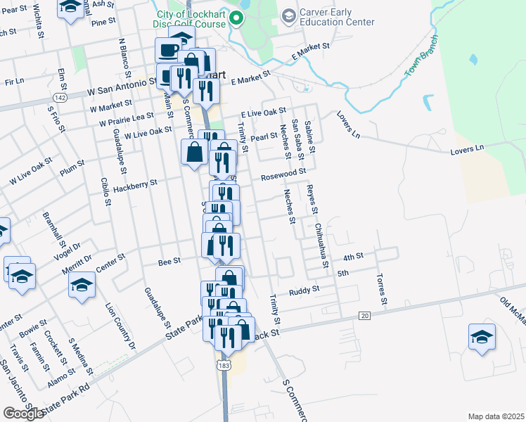 map of restaurants, bars, coffee shops, grocery stores, and more near 802 Trinity Street in Lockhart