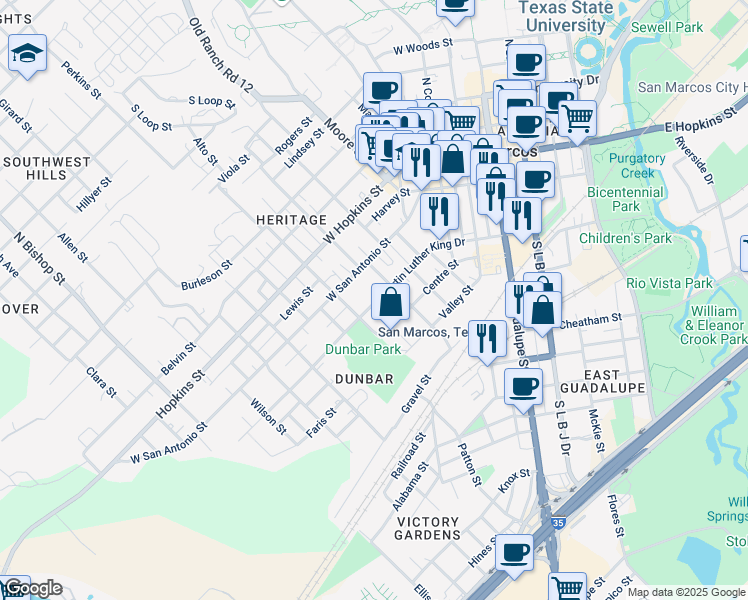 map of restaurants, bars, coffee shops, grocery stores, and more near in San Marcos