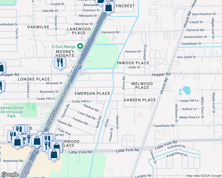 map of restaurants, bars, coffee shops, grocery stores, and more near 4710 Rosemary Lane in Houston