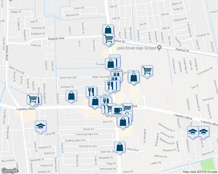 map of restaurants, bars, coffee shops, grocery stores, and more near 5029 Richland Drive in Marrero