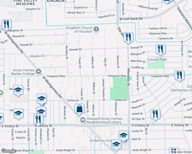 map of restaurants, bars, coffee shops, grocery stores, and more near 1320 Ferguson Way in Houston