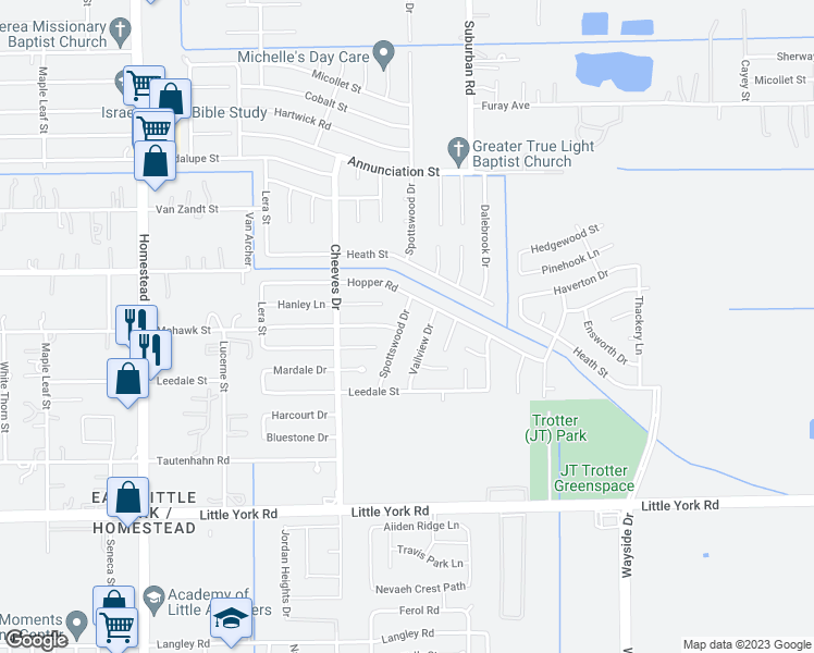 map of restaurants, bars, coffee shops, grocery stores, and more near 11054 Spottswood Drive in Houston