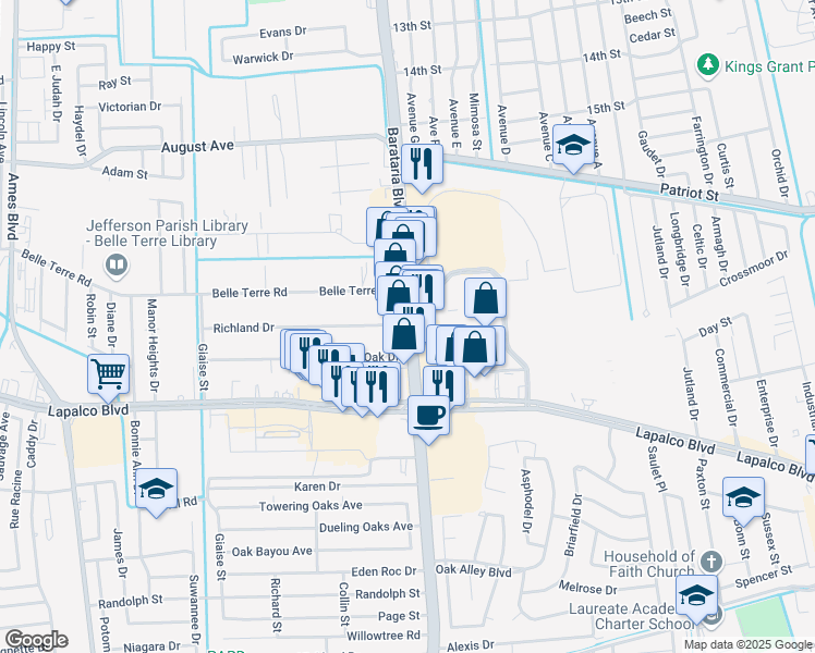 map of restaurants, bars, coffee shops, grocery stores, and more near 1820 Barataria Boulevard in Marrero