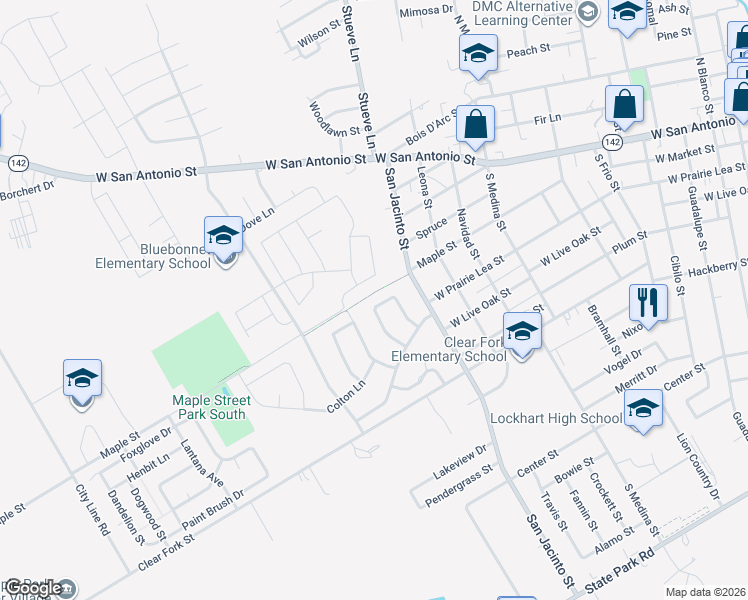 map of restaurants, bars, coffee shops, grocery stores, and more near 416 Connolly Circle in Lockhart