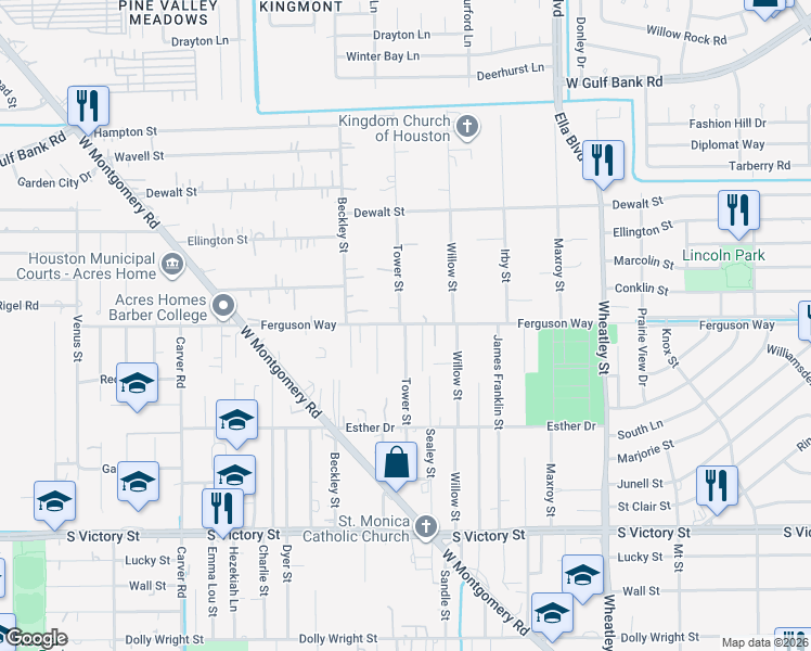 map of restaurants, bars, coffee shops, grocery stores, and more near 9306 Tower Street in Houston