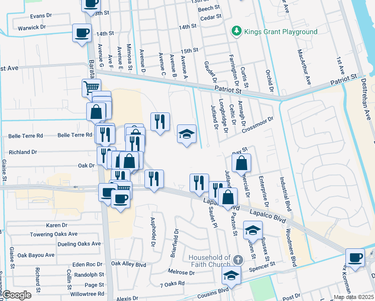 map of restaurants, bars, coffee shops, grocery stores, and more near 4300 Patriot Street in Marrero