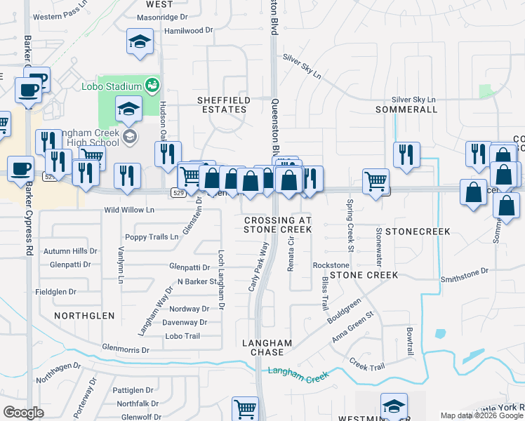 map of restaurants, bars, coffee shops, grocery stores, and more near 17239 Spencer Road in Houston