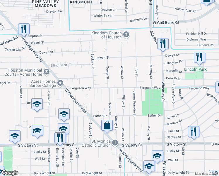 map of restaurants, bars, coffee shops, grocery stores, and more near Tower in Houston