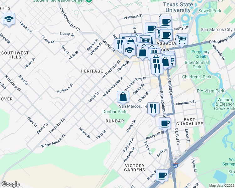 map of restaurants, bars, coffee shops, grocery stores, and more near 728 Martin Luther King Drive in San Marcos