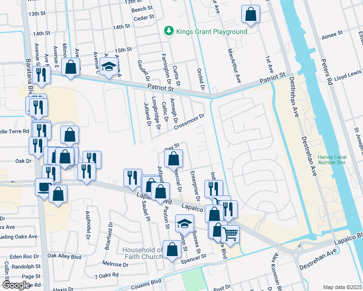 map of restaurants, bars, coffee shops, grocery stores, and more near 3725 Day Street in Harvey