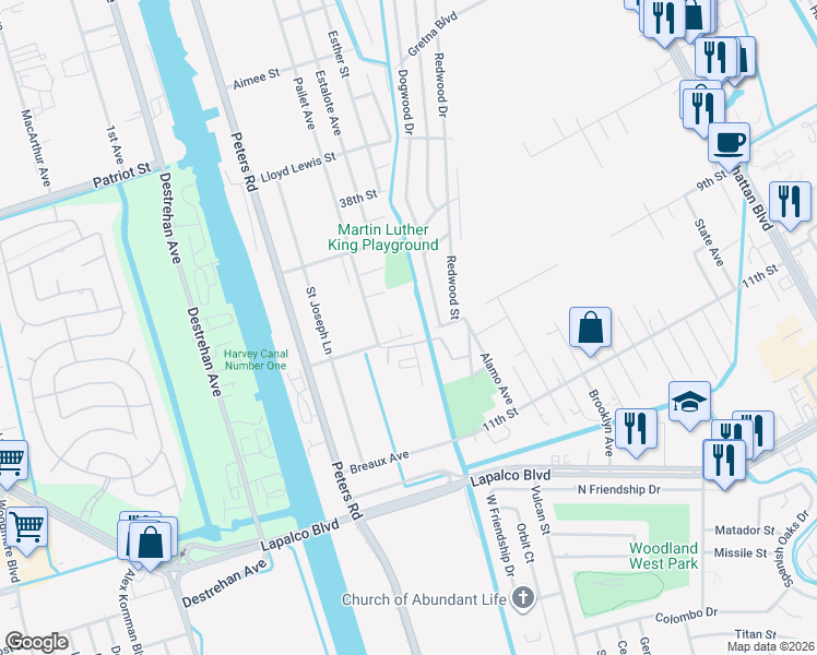 map of restaurants, bars, coffee shops, grocery stores, and more near 233 Pailet Avenue in Harvey