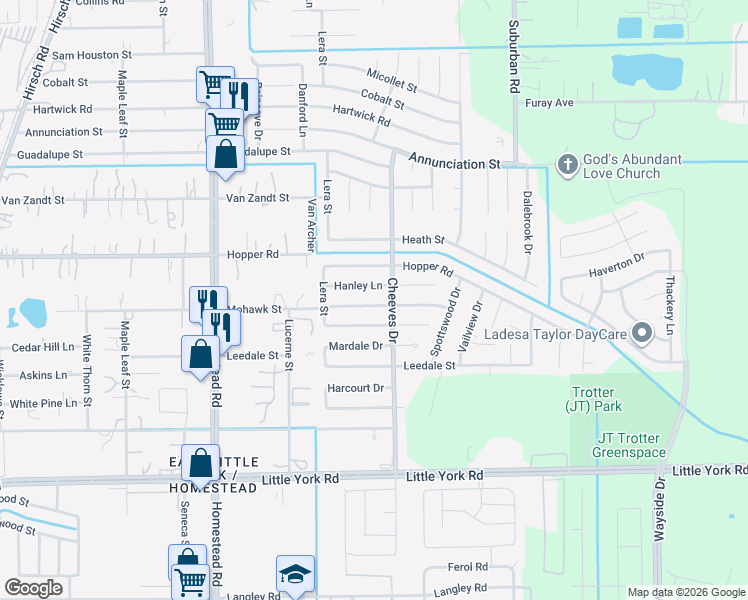 map of restaurants, bars, coffee shops, grocery stores, and more near 6418 Hanley Lane in Houston