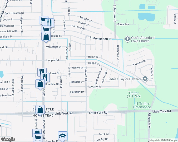 map of restaurants, bars, coffee shops, grocery stores, and more near 6518 Hanley Lane in Houston