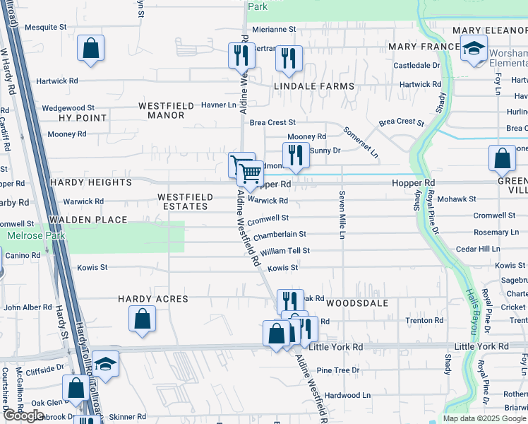 map of restaurants, bars, coffee shops, grocery stores, and more near 2140 Warwick Road in Houston