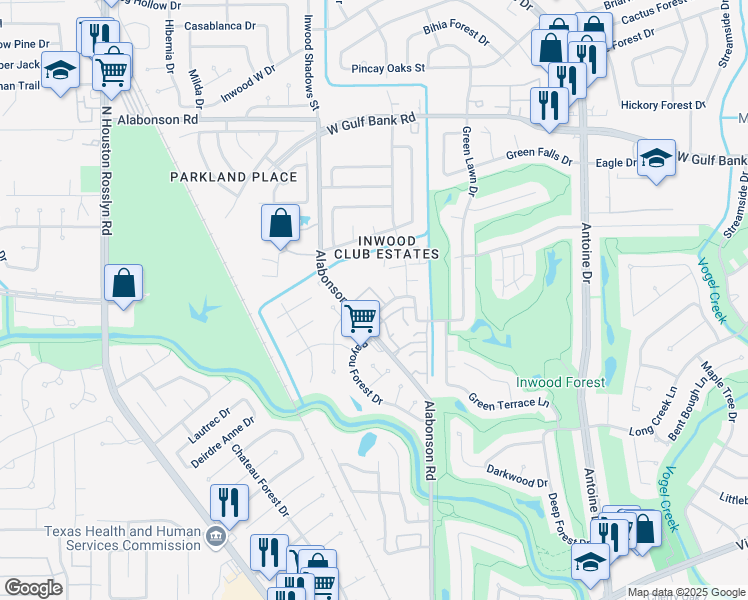 map of restaurants, bars, coffee shops, grocery stores, and more near 6214 Long Leaf Drive in Houston