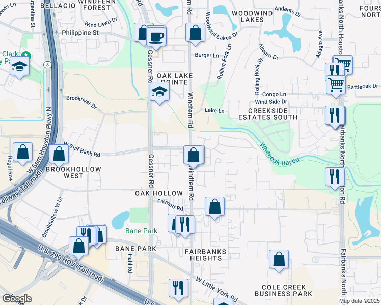 map of restaurants, bars, coffee shops, grocery stores, and more near 9303 West Gulf Bank Road in Houston