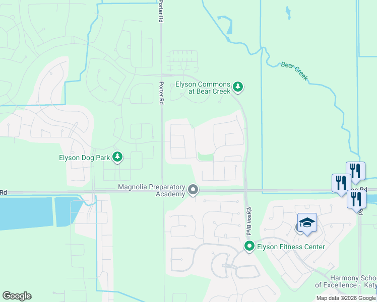 map of restaurants, bars, coffee shops, grocery stores, and more near Porter Road in Katy