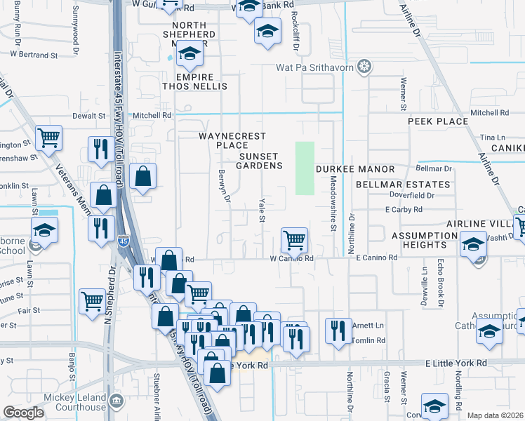 map of restaurants, bars, coffee shops, grocery stores, and more near 8100 Yale Street in Houston