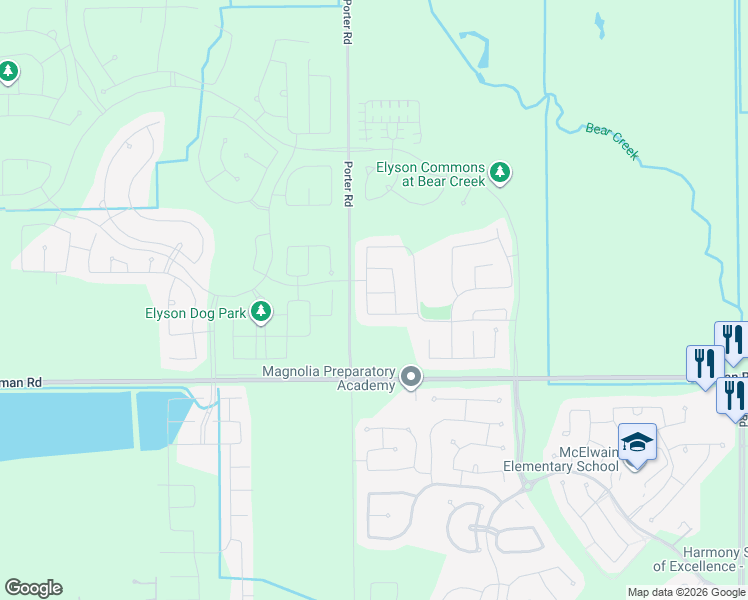map of restaurants, bars, coffee shops, grocery stores, and more near Porter Road in Katy