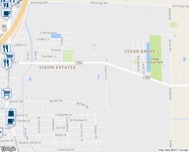 map of restaurants, bars, coffee shops, grocery stores, and more near 734 Farm to Market Road 1942 in Crosby