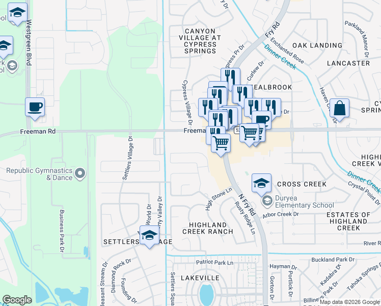 map of restaurants, bars, coffee shops, grocery stores, and more near Durango Creek Lane in Katy