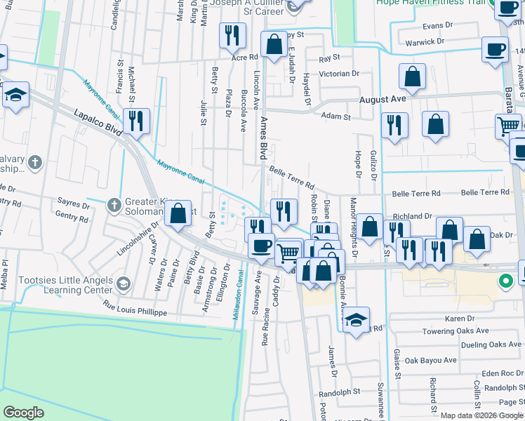 map of restaurants, bars, coffee shops, grocery stores, and more near 1907-1931 Ames Blvd in Marrero
