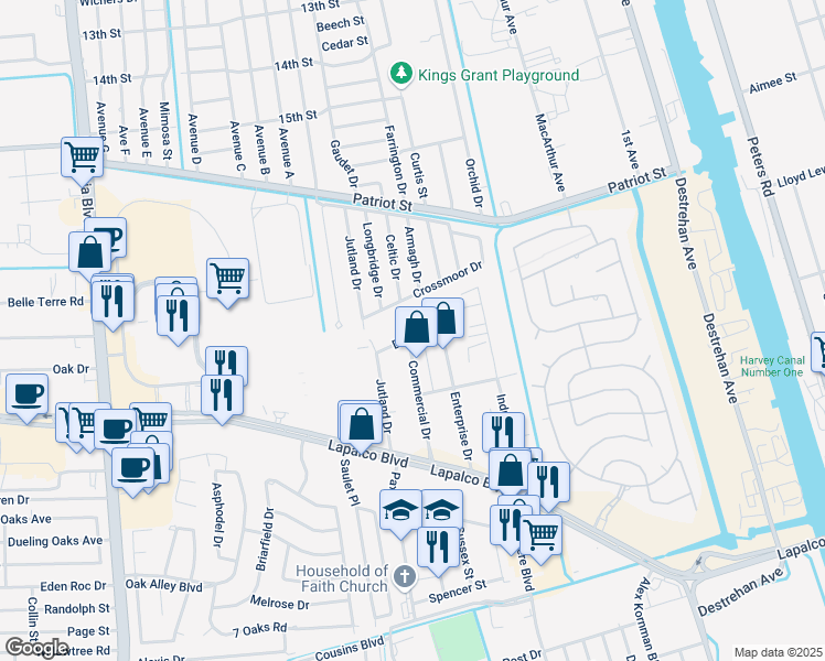 map of restaurants, bars, coffee shops, grocery stores, and more near 3725 Day Street in Harvey
