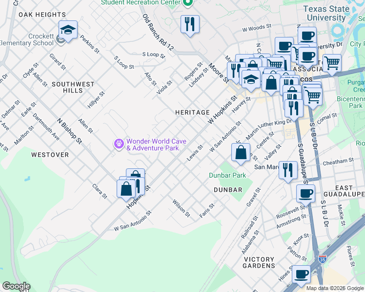 map of restaurants, bars, coffee shops, grocery stores, and more near 902 West Hopkins Street in San Marcos