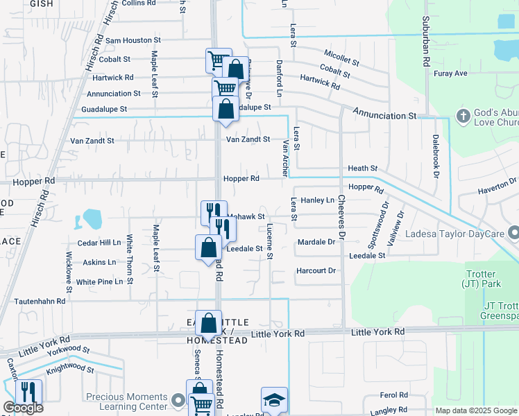 map of restaurants, bars, coffee shops, grocery stores, and more near 6019 Mohawk Street in Houston