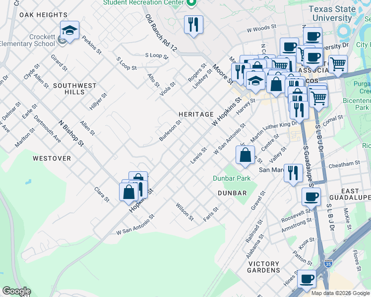 map of restaurants, bars, coffee shops, grocery stores, and more near 903 Belvin Street in San Marcos