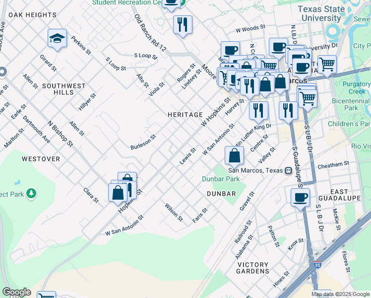 map of restaurants, bars, coffee shops, grocery stores, and more near 819 West Hopkins Street in San Marcos