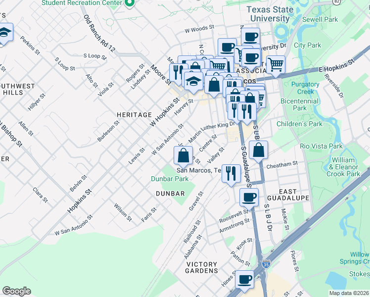 map of restaurants, bars, coffee shops, grocery stores, and more near 614 Martin Luther King Drive in San Marcos