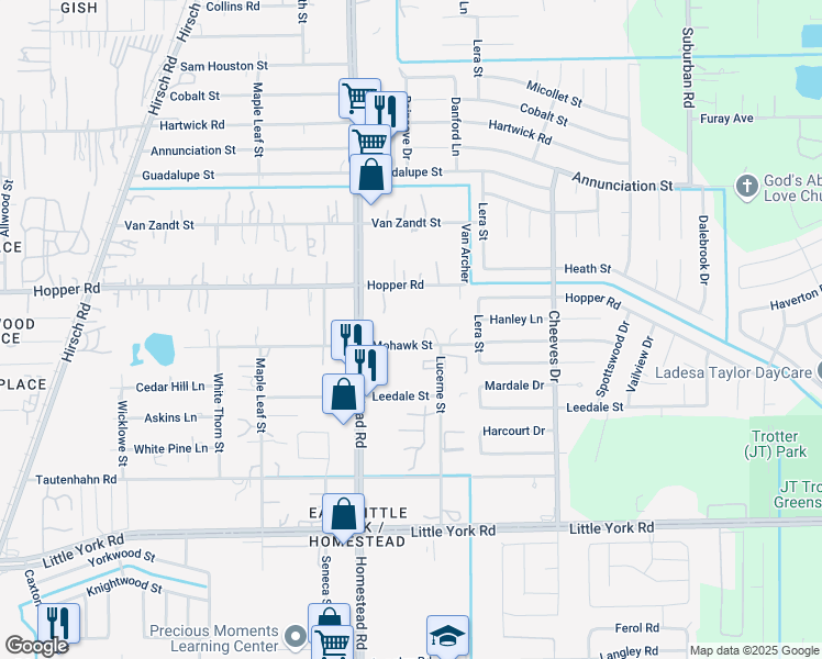 map of restaurants, bars, coffee shops, grocery stores, and more near 6019 Mohawk Street in Houston