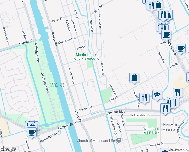 map of restaurants, bars, coffee shops, grocery stores, and more near 233 Pailet Avenue in Harvey