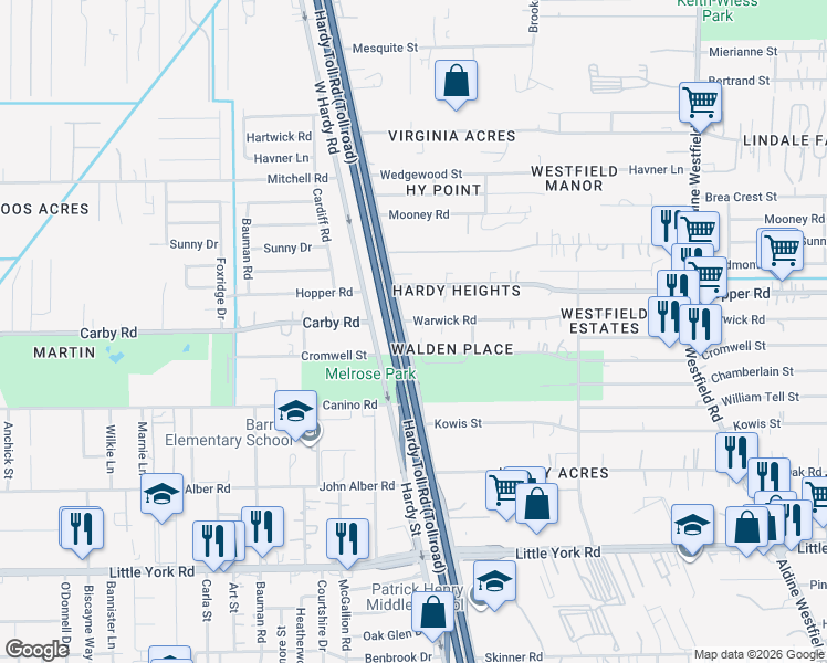 map of restaurants, bars, coffee shops, grocery stores, and more near 1410 Warwick Road in Houston