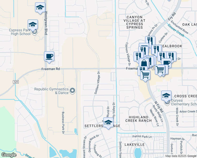 map of restaurants, bars, coffee shops, grocery stores, and more near 6503 Settlers Village Drive in Katy