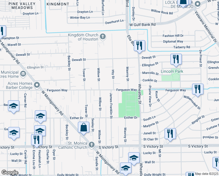 map of restaurants, bars, coffee shops, grocery stores, and more near 1320 Ferguson Way in Houston