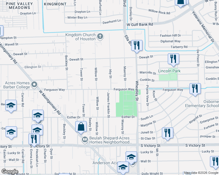 map of restaurants, bars, coffee shops, grocery stores, and more near 1320 Ferguson Way in Houston