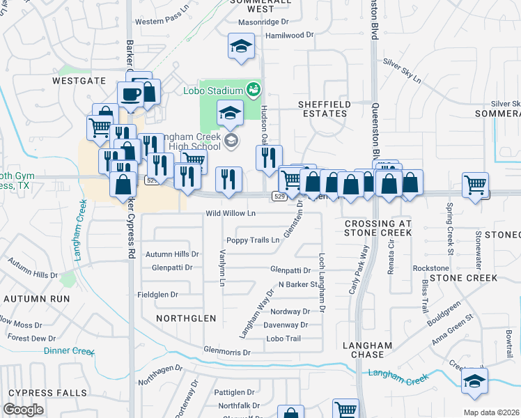 map of restaurants, bars, coffee shops, grocery stores, and more near 17534 Wild Willow Lane in Houston