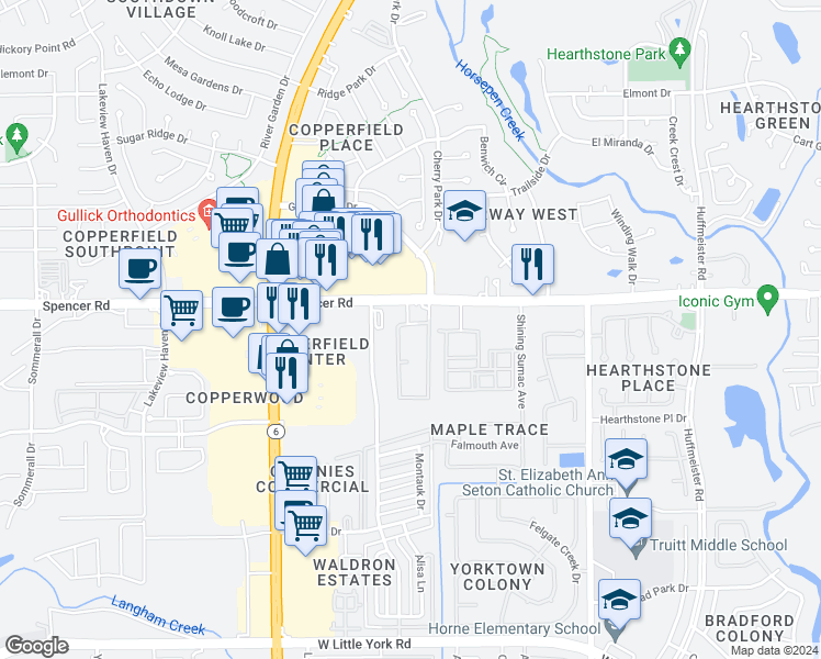 map of restaurants, bars, coffee shops, grocery stores, and more near 15503 FM 529 in Houston