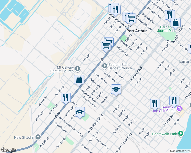 map of restaurants, bars, coffee shops, grocery stores, and more near 335 15th Street in Port Arthur