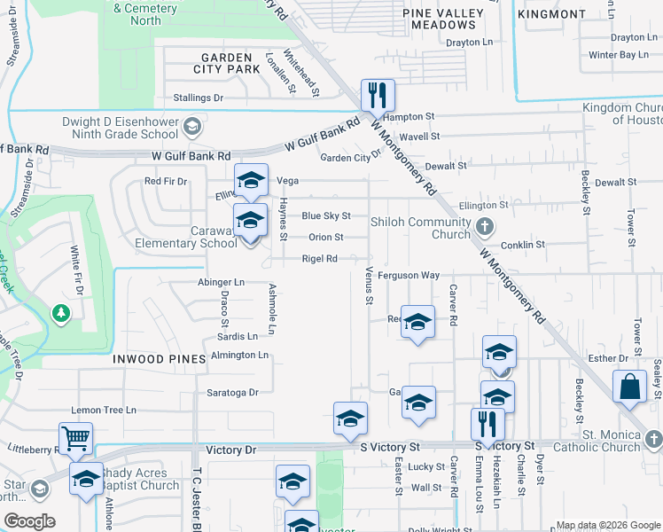 map of restaurants, bars, coffee shops, grocery stores, and more near 2835 Rigel Road in Houston