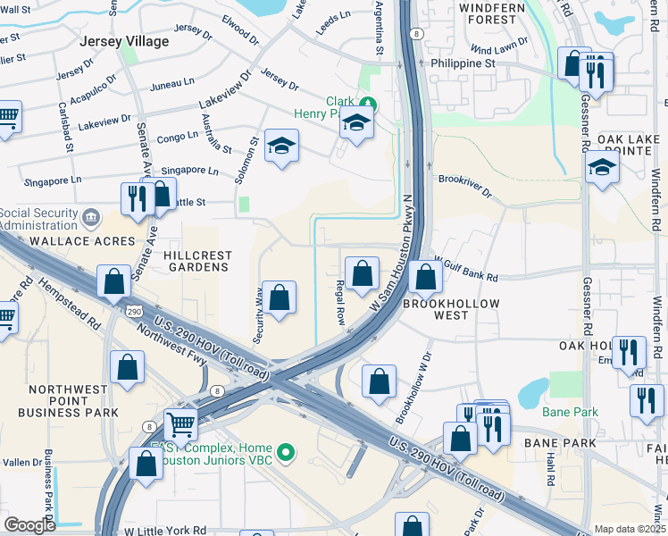 map of restaurants, bars, coffee shops, grocery stores, and more near 10335 Regal Row in Houston
