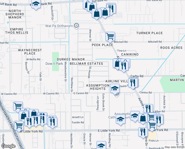 map of restaurants, bars, coffee shops, grocery stores, and more near 411 East Carby Road in Houston