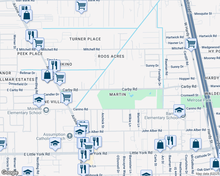 map of restaurants, bars, coffee shops, grocery stores, and more near 511 Carby Road in Houston