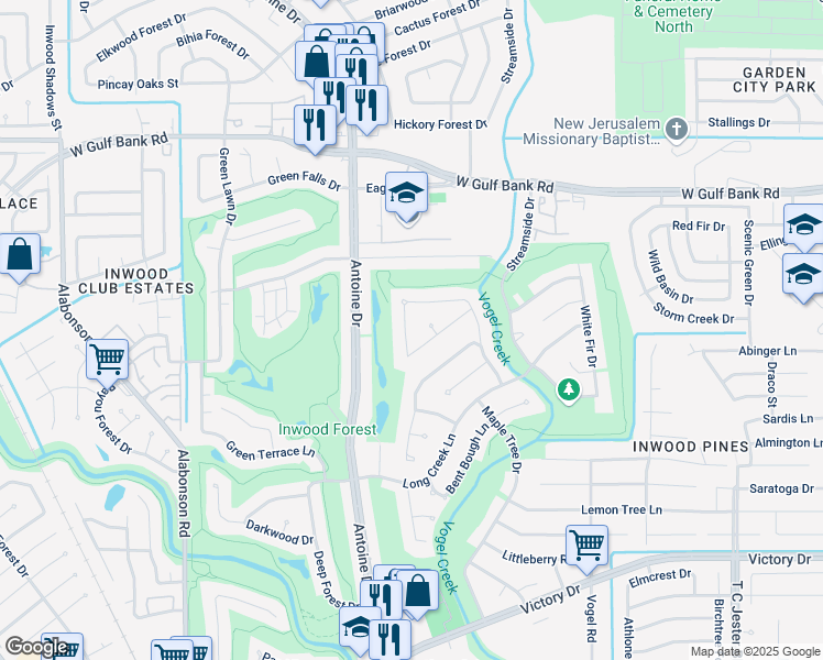 map of restaurants, bars, coffee shops, grocery stores, and more near 7807 Turfwood Lane in Houston