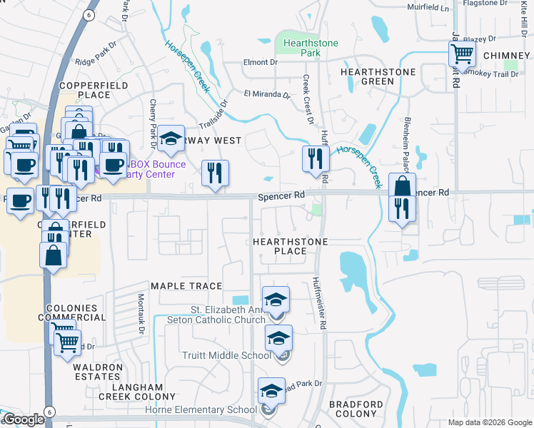 map of restaurants, bars, coffee shops, grocery stores, and more near 7035 Madison Trail in Houston