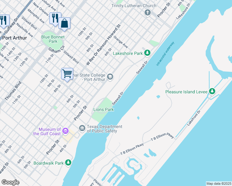 map of restaurants, bars, coffee shops, grocery stores, and more near 1500 Procter Street in Port Arthur